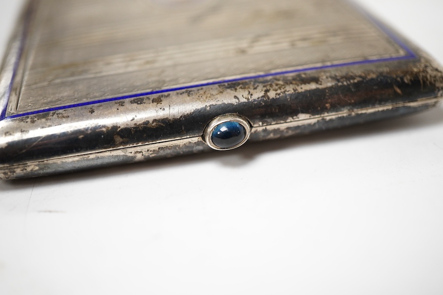 A 900 standard white metal and blue enamel rectangular cigarette case, with engraved initials, 10.5cm.